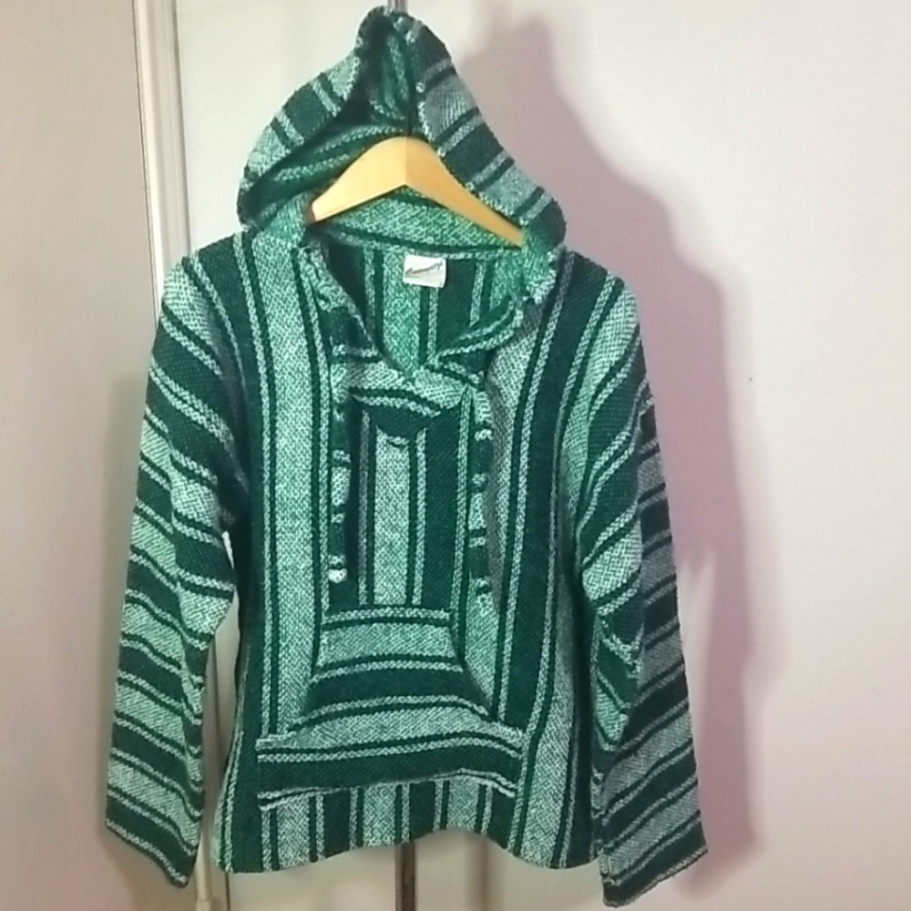 Vintage 90's Mexican Baja hoodie Cuamatzi Size Large Green Skater Surfer Grunge